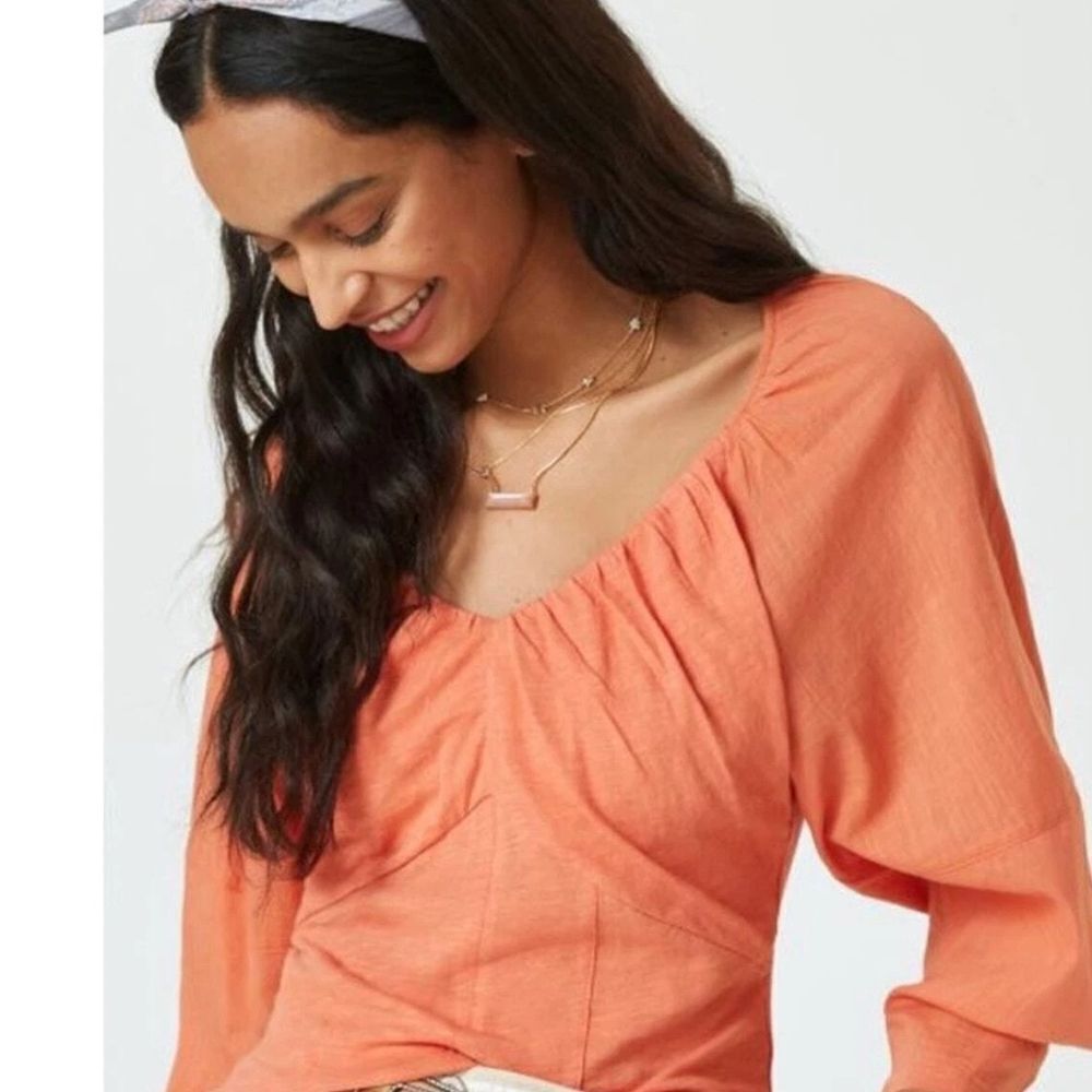 Anthropologie Orange Ruched Blouse with 3/4 Sleeves